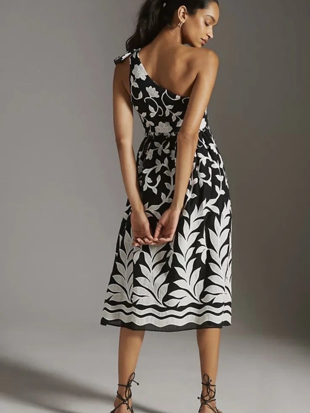 Anthropologie Maeve Embroidered One-Shoulder Midi Dress Black White 10 - Picture 4 of 14